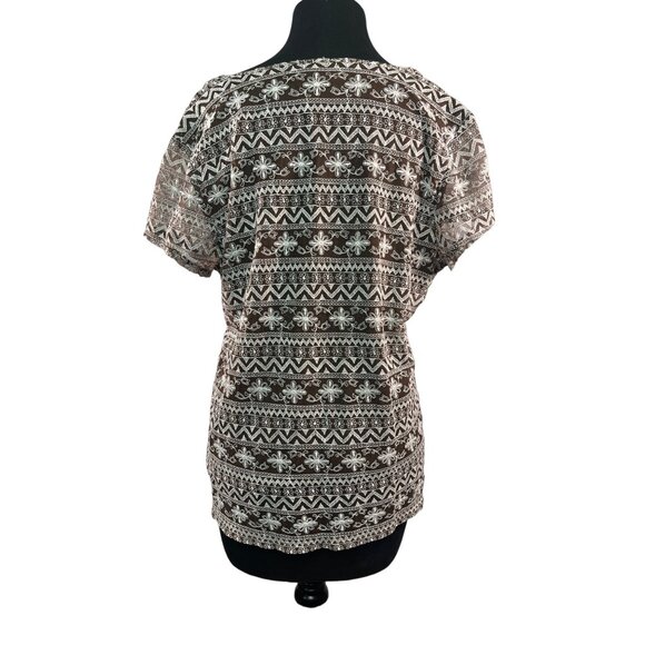 Liz Claiborne Womens XL Brown White Embroidered Short Sleeve Layered Geometric T - Picture 4 of 9
